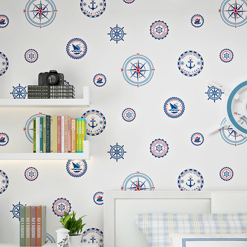 Mediterranean Compass and Boat Wallpaper for Kids' Room in White and Blue Non-Pasted Non-Woven Blue-White Clearhalo 'Wall Decor' 'Wallpaper' 893201