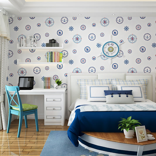 Mediterranean Compass and Boat Wallpaper for Kids' Room in White and Blue Non-Pasted Non-Woven Clearhalo 'Wall Decor' 'Wallpaper' 893202