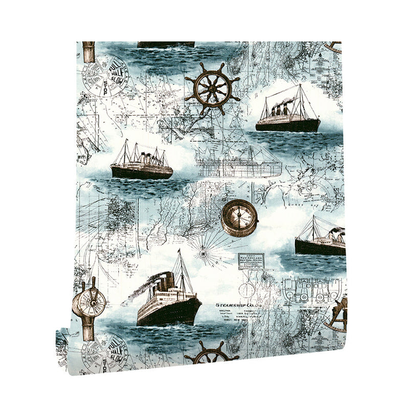 Boat and Map Wallpaper for Kids Sailing Adventure Stain-Resistant Self-Adhesive Wall Decor, 17.5-inch x 19.5-foot Clearhalo 'Wall Decor' 'Wallpaper' 893225