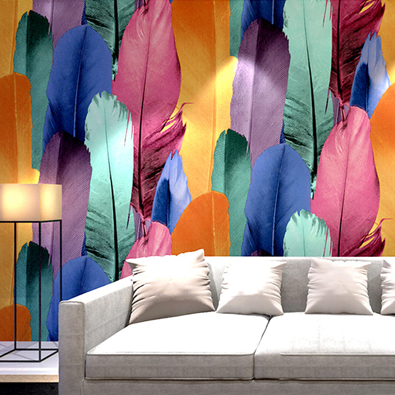 Multi-Colored Feather Water-Resistant Non-Pasted Wallpaper, 31' x 20.5" Pink-Yellow-Green-Grey-Blue-Purple Clearhalo 'Wall Decor' 'Wallpaper' 893368