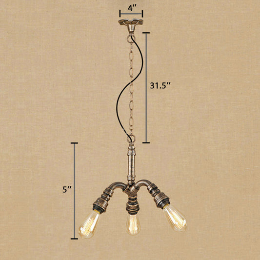 Bronze Open Bulb Chandelier Light with Pipe Antique Stylish 3-Light Farmhouse Hanging Fixture Clearhalo 'Cast Iron' 'Ceiling Lights' 'Chandeliers' 'Industrial Chandeliers' 'Industrial' 'Metal' 'Middle Century Chandeliers' 'Rustic Chandeliers' 'Tiffany' Lighting' 89347