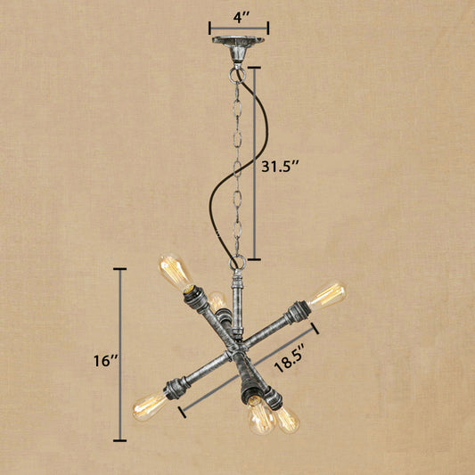 6-Bulb Iron Hanging Lighting Antique Stylish Aged Silver Sputnik Restaurant Chandelier Lighting with Pipe Clearhalo 'Cast Iron' 'Ceiling Lights' 'Chandeliers' 'Industrial Chandeliers' 'Industrial' 'Metal' 'Middle Century Chandeliers' 'Rustic Chandeliers' 'Tiffany' Lighting' 89351