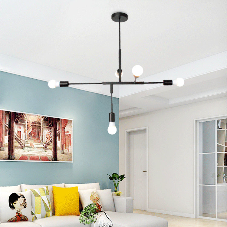 Black Exposed Bulb Hanging Chandelier Industrial Style Iron 5-Light Living Room Pendant Lighting Clearhalo 'Ceiling Lights' 'Chandeliers' 'Modern Chandeliers' 'Modern' Lighting' 89364