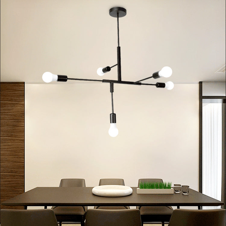 Black Exposed Bulb Hanging Chandelier Industrial Style Iron 5-Light Living Room Pendant Lighting Clearhalo 'Ceiling Lights' 'Chandeliers' 'Modern Chandeliers' 'Modern' Lighting' 89365