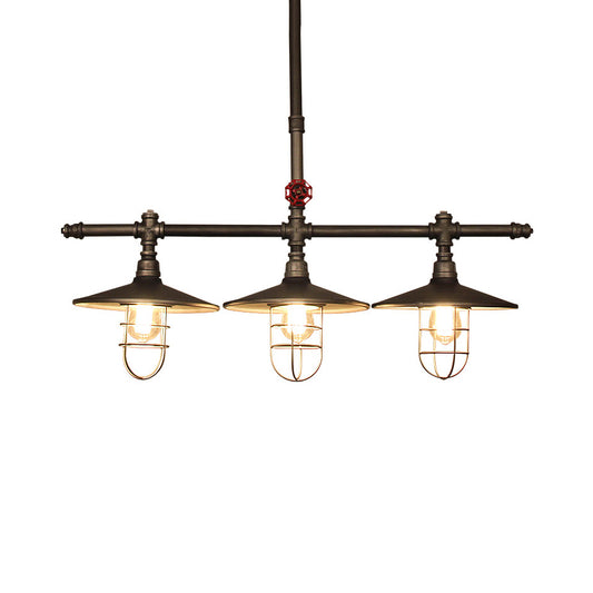 Coastal Caged Island Light Metal 3-Light Linear Pendant with Pipe over Island Bronze Clearhalo 'Ceiling Lights' 'Island Lights' Lighting' 89369