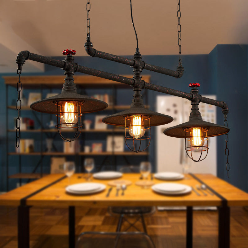 Rustic Style Cone Island Pendant Light with Wire Frame and Pipe 3 Bulbs Iron Hanging Island Light in Dark Rust Clearhalo 'Ceiling Lights' 'Island Lights' Lighting' 89379