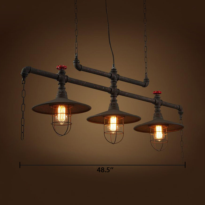 Rustic Style Cone Island Pendant Light with Wire Frame and Pipe 3 Bulbs Iron Hanging Island Light in Dark Rust Clearhalo 'Ceiling Lights' 'Island Lights' Lighting' 89380