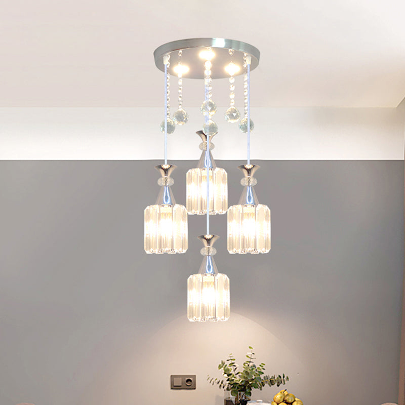 Silver Finish Cylinder Multiple Hanging Light Modern 4 Heads Crystal Block Pendulum Lamp Silver Clearhalo 'Ceiling Lights' 'Modern Pendants' 'Modern' 'Pendant Lights' 'Pendants' Lighting' 893835