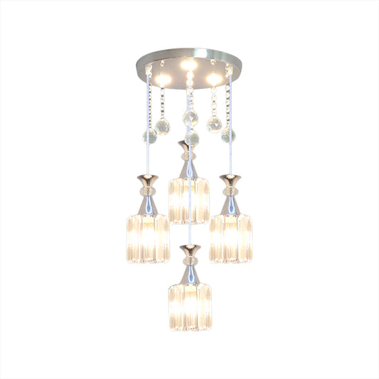 Silver Finish Cylinder Multiple Hanging Light Modern 4 Heads Crystal Block Pendulum Lamp Clearhalo 'Ceiling Lights' 'Modern Pendants' 'Modern' 'Pendant Lights' 'Pendants' Lighting' 893836