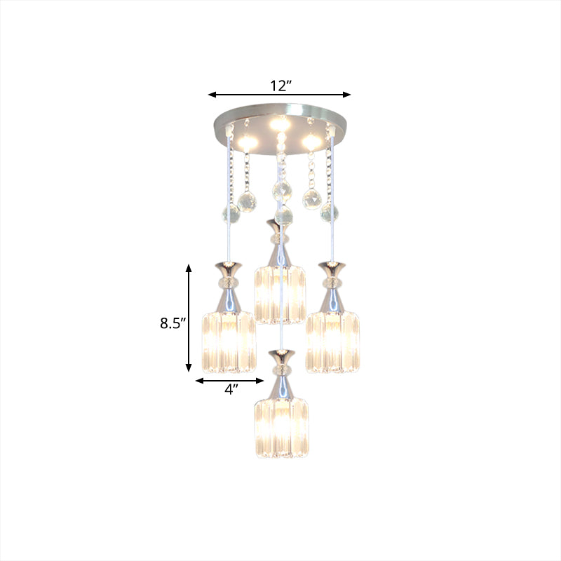 Silver Finish Cylinder Multiple Hanging Light Modern 4 Heads Crystal Block Pendulum Lamp Clearhalo 'Ceiling Lights' 'Modern Pendants' 'Modern' 'Pendant Lights' 'Pendants' Lighting' 893838