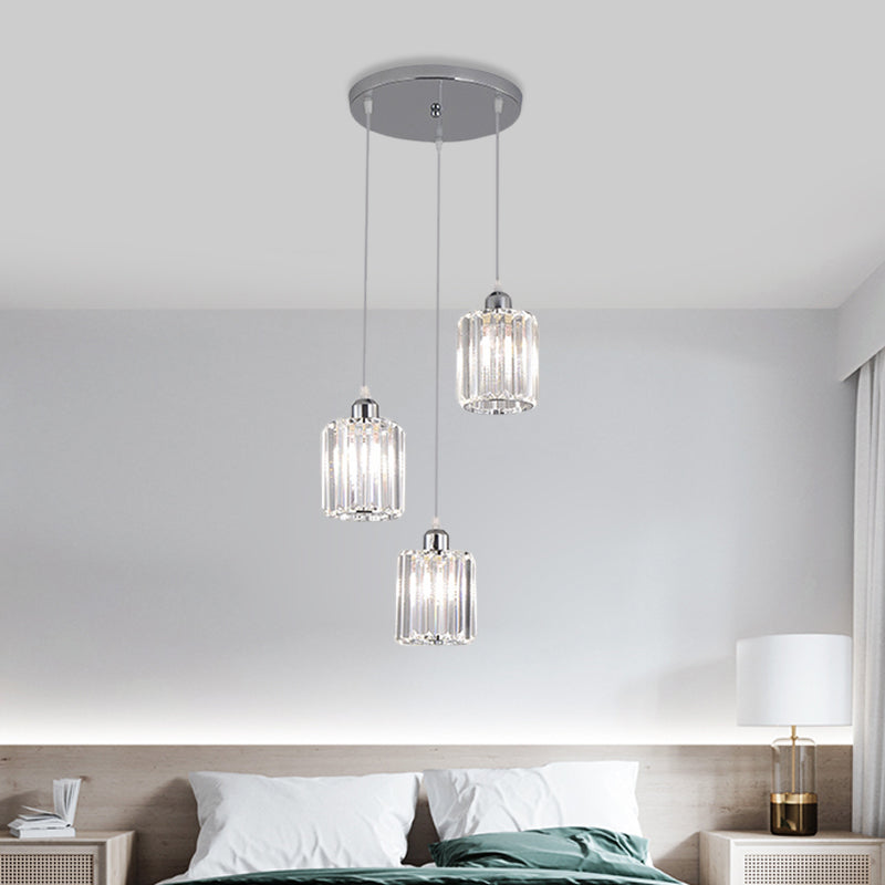 Cylinder Clear Crystal Block Multi Light Pendant Modernism 3 Bulbs Chrome Hanging Lamp Kit Clearhalo 'Ceiling Lights' 'Modern Pendants' 'Modern' 'Pendant Lights' 'Pendants' Lighting' 893840