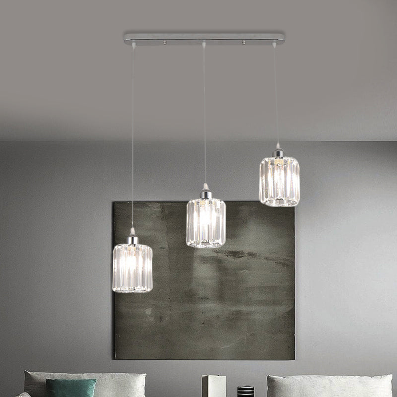 3-Light Restaurant Multi Light Ceiling Light Minimal Chrome Pendant with Cylinder Clear Crystal Shade Clearhalo 'Ceiling Lights' 'Modern Pendants' 'Modern' 'Pendant Lights' 'Pendants' Lighting' 893844