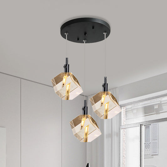 Modernist Cube Multi Pendant Light Clear Crystal Glass 3-Head Dining Room LED Suspension Lamp in Black Black Clearhalo 'Ceiling Lights' 'Modern Pendants' 'Modern' 'Pendant Lights' 'Pendants' Lighting' 893847