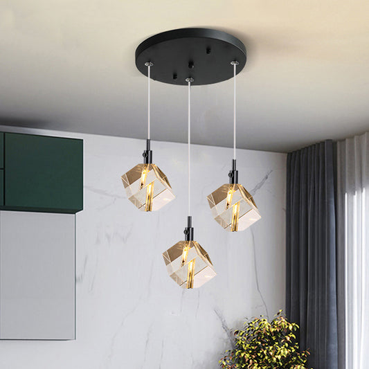 Modernist Cube Multi Pendant Light Clear Crystal Glass 3-Head Dining Room LED Suspension Lamp in Black Clearhalo 'Ceiling Lights' 'Modern Pendants' 'Modern' 'Pendant Lights' 'Pendants' Lighting' 893848