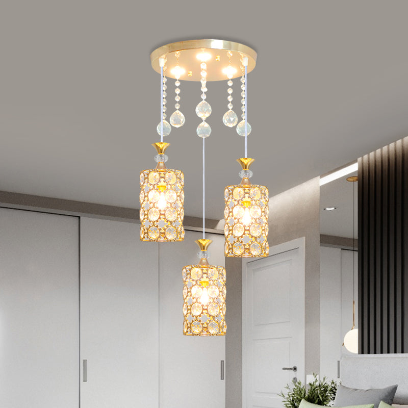 Crystal-Encrusted Cylinder Hanging Lighting Contemporary 3 Bulbs Gold Finish Multi Pendant Clearhalo 'Ceiling Lights' 'Modern Pendants' 'Modern' 'Pendant Lights' 'Pendants' Lighting' 893852