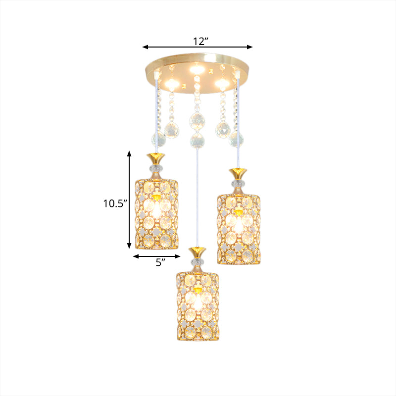 Crystal-Encrusted Cylinder Hanging Lighting Contemporary 3 Bulbs Gold Finish Multi Pendant Clearhalo 'Ceiling Lights' 'Modern Pendants' 'Modern' 'Pendant Lights' 'Pendants' Lighting' 893854