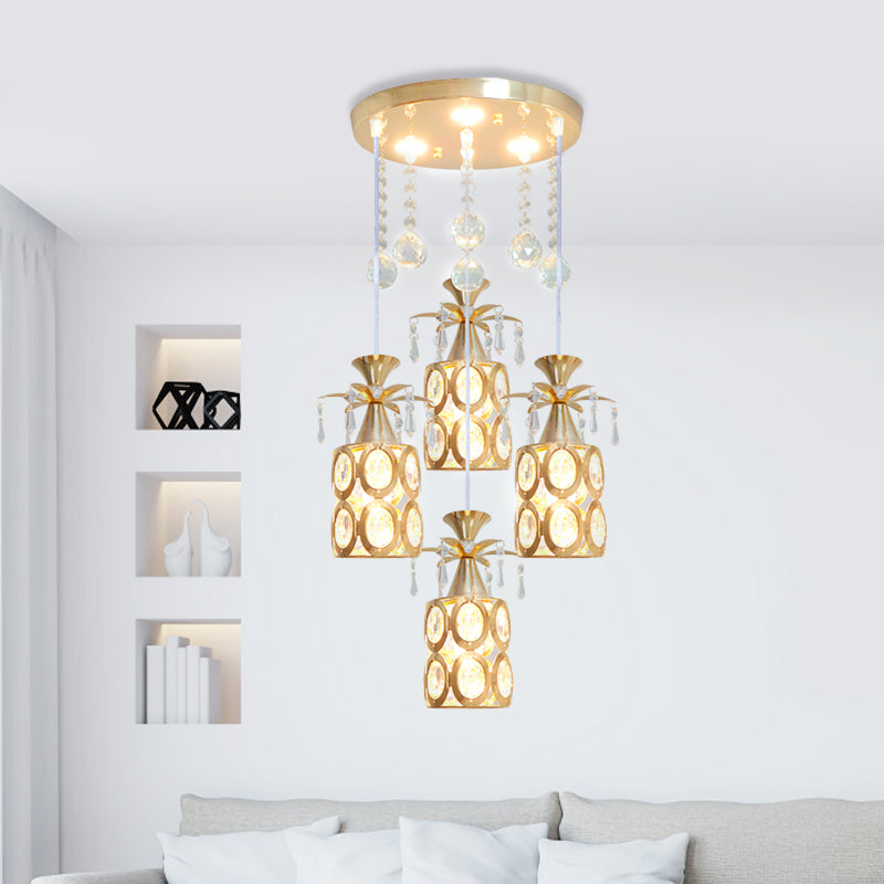 Contemporary 4 Lights Multi Ceiling Lamp with Crystal Embedded Shade Gold Finish Cylinder Pendant Gold Clearhalo 'Ceiling Lights' 'Modern Pendants' 'Modern' 'Pendant Lights' 'Pendants' Lighting' 893859