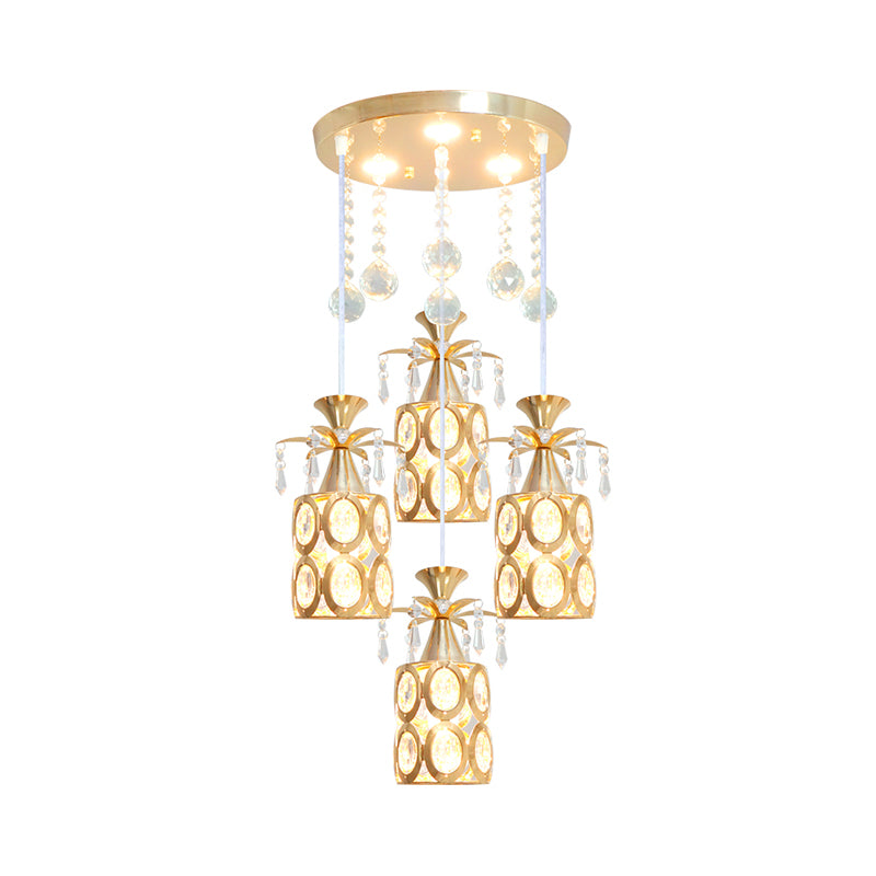 Contemporary 4 Lights Multi Ceiling Lamp with Crystal Embedded Shade Gold Finish Cylinder Pendant Clearhalo 'Ceiling Lights' 'Modern Pendants' 'Modern' 'Pendant Lights' 'Pendants' Lighting' 893860