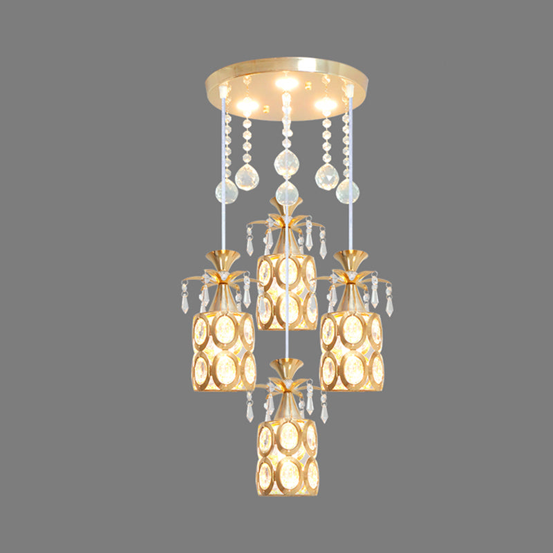 Contemporary 4 Lights Multi Ceiling Lamp with Crystal Embedded Shade Gold Finish Cylinder Pendant Clearhalo 'Ceiling Lights' 'Modern Pendants' 'Modern' 'Pendant Lights' 'Pendants' Lighting' 893861