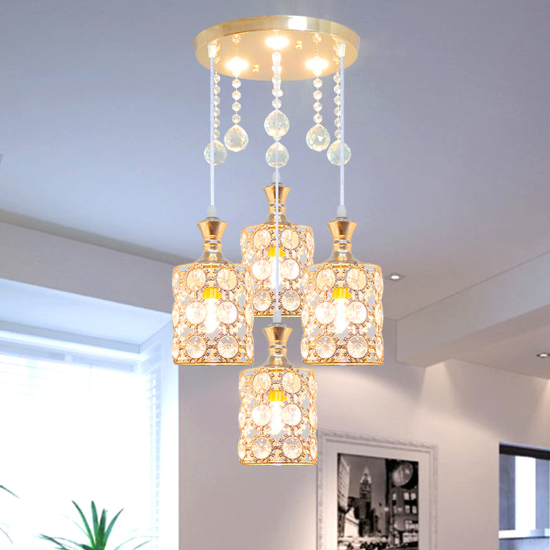 Gold Cylindrical Multiple Hanging Lamp Modernist 4 Heads Crystal-Encrusted Pendulum Light with Ball Droplet Gold Clearhalo 'Ceiling Lights' 'Modern Pendants' 'Modern' 'Pendant Lights' 'Pendants' Lighting' 893863