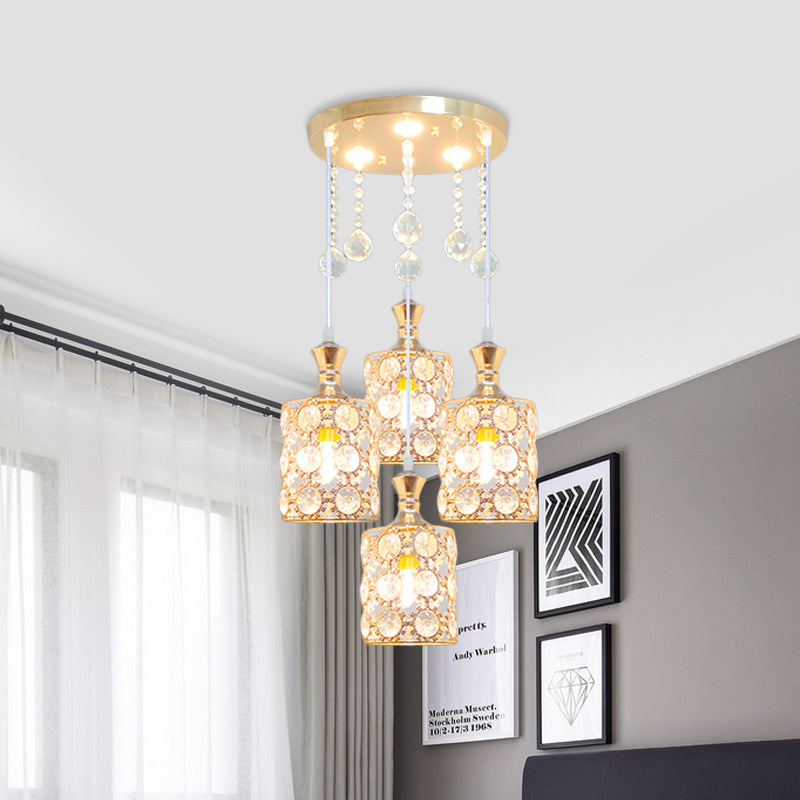 Gold Cylindrical Multiple Hanging Lamp Modernist 4 Heads Crystal-Encrusted Pendulum Light with Ball Droplet Clearhalo 'Ceiling Lights' 'Modern Pendants' 'Modern' 'Pendant Lights' 'Pendants' Lighting' 893864