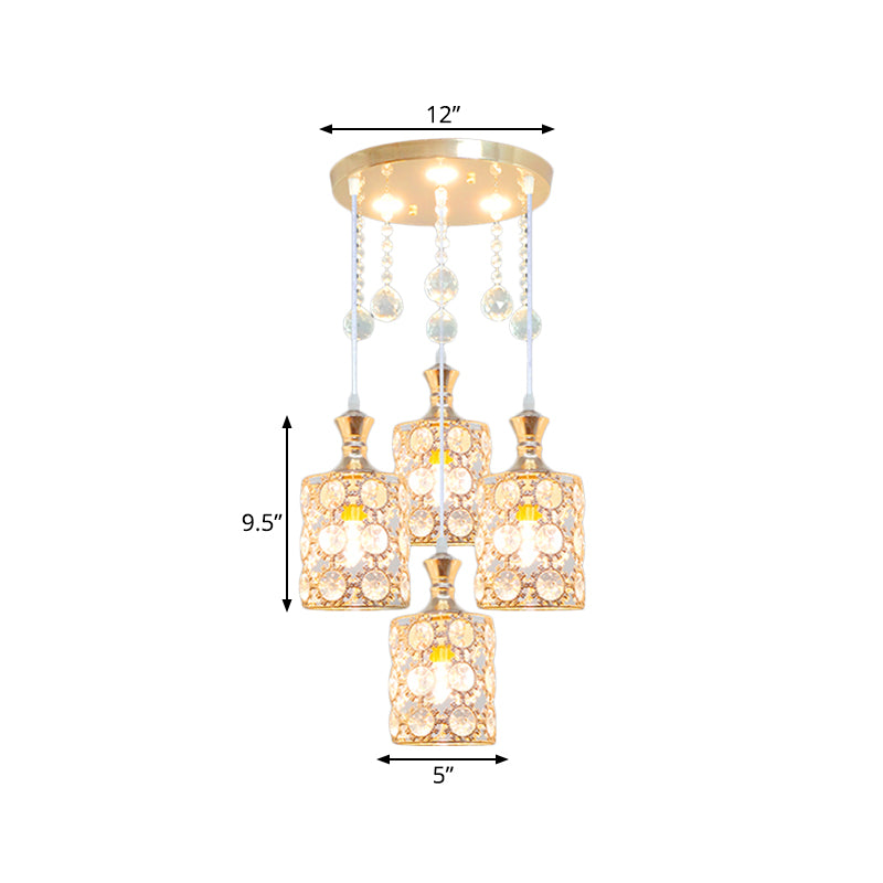 Gold Cylindrical Multiple Hanging Lamp Modernist 4 Heads Crystal-Encrusted Pendulum Light with Ball Droplet Clearhalo 'Ceiling Lights' 'Modern Pendants' 'Modern' 'Pendant Lights' 'Pendants' Lighting' 893866