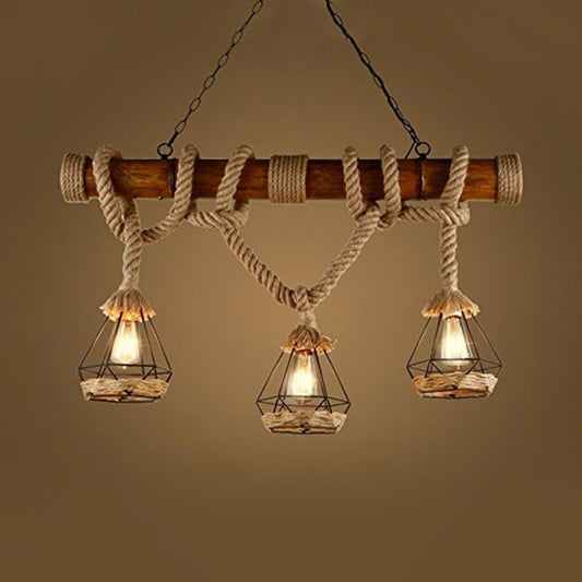 Rope and Metal Beige Island Lighting Diamond Cage Shade 3 Lights Lodge Island Pendant Lighting for Restaurant Beige Clearhalo 'Ceiling Lights' 'Island Lights' Lighting' 89394