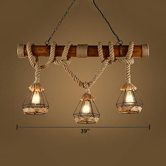 Rope and Metal Beige Island Lighting Diamond Cage Shade 3 Lights Lodge Island Pendant Lighting for Restaurant Clearhalo 'Ceiling Lights' 'Island Lights' Lighting' 89395