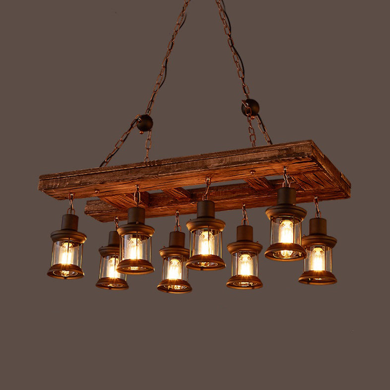 Lantern Clear Glass Hanging Pendant Rustic 8-Light Kitchen Island Light Fixture in Black with Wood Black Clearhalo 'Ceiling Lights' 'Island Lights' Lighting' 89396