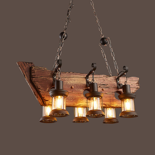 6-Light Lantern Island Lamp Industrial Brown Clear Glass Pendant Light Fixture with Wood Brown Clearhalo 'Ceiling Lights' 'Island Lights' Lighting' 89398