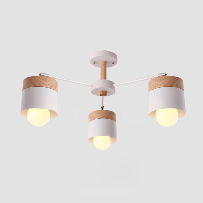 Metal Cylindrical Ceiling Lighting Nordic Style 3 Heads Living Room Semi Flush Chandelier with Wooden Cap in White White Clearhalo 'Ceiling Lights' 'Close To Ceiling Lights' 'Close to ceiling' 'Semi-flushmount' Lighting' 89402