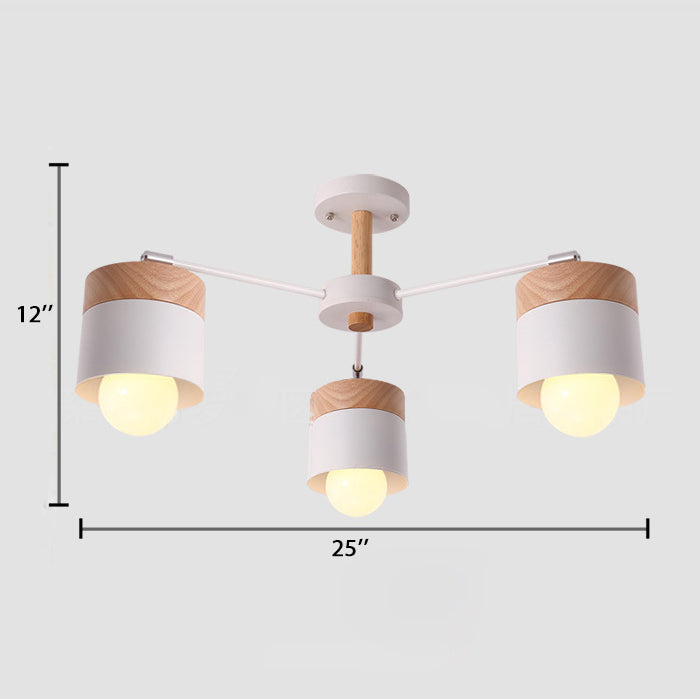 Metal Cylindrical Ceiling Lighting Nordic Style 3 Heads Living Room Semi Flush Chandelier with Wooden Cap in White Clearhalo 'Ceiling Lights' 'Close To Ceiling Lights' 'Close to ceiling' 'Semi-flushmount' Lighting' 89403