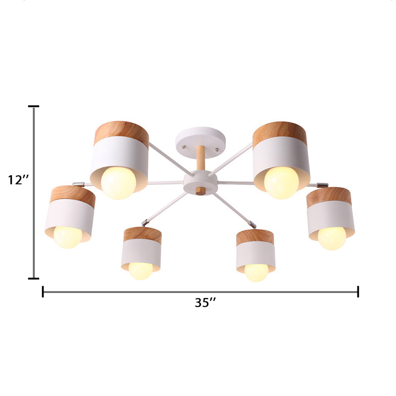 White Finish 6 Bulbs Ceiling Mount Chandelier Nordic Wood and Metal Cylinder Semi Flush Pendant Light Clearhalo 'Ceiling Lights' 'Close To Ceiling Lights' 'Close to ceiling' 'Semi-flushmount' Lighting' 89409