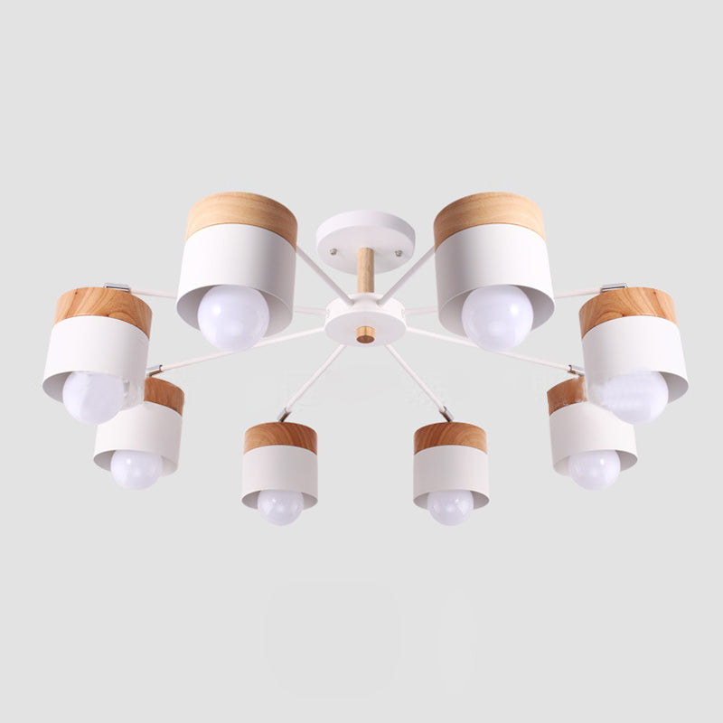 8 Light Cylinder Semi Flush Chandelier Modern Stylish White Metal and Wood Ceiling Light Fixture White Clearhalo 'Ceiling Lights' 'Close To Ceiling Lights' 'Close to ceiling' 'Semi-flushmount' Lighting' 89414