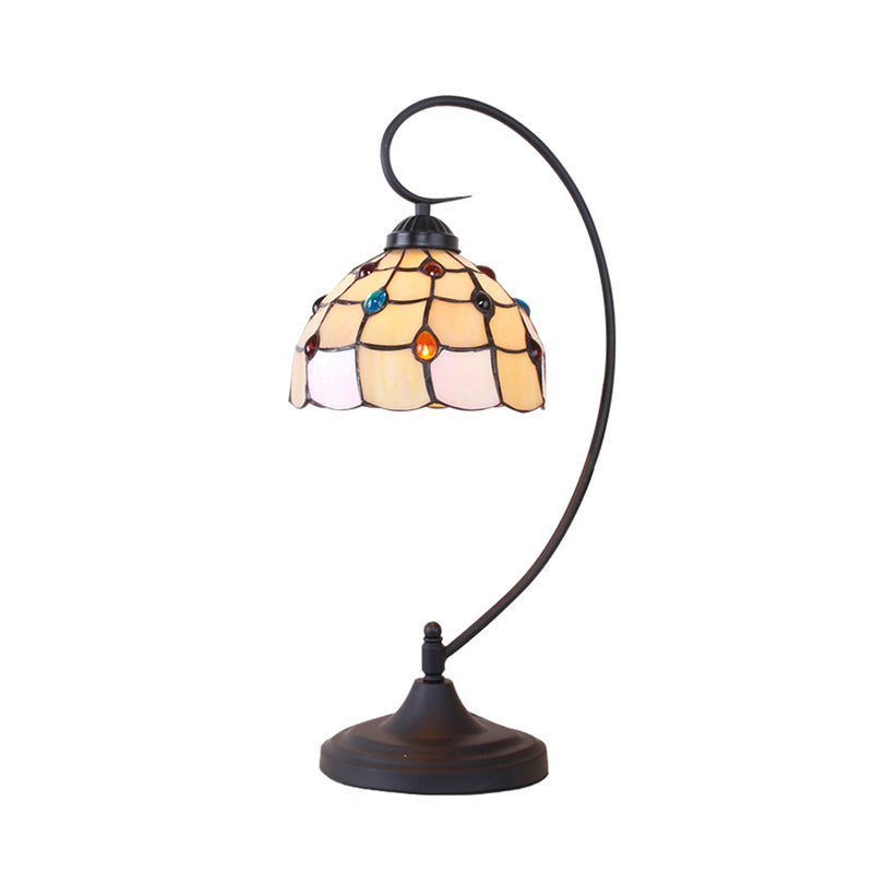 Beige/White and Silver Glass Black Night Lamp Lattice Bowl 1 Head Victorian Nightstand Light with Curvy Arm Clearhalo 'Lamps' 'Table Lamps' Lighting' 894149