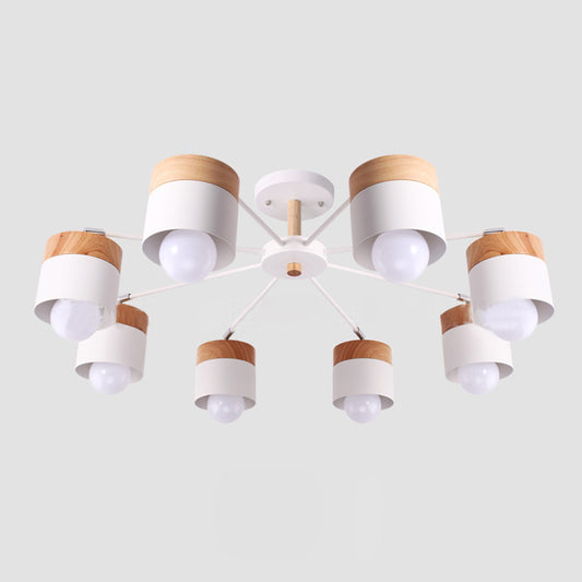 8 Light Cylinder Semi Flush Chandelier Modern Stylish White Metal and Wood Ceiling Light Fixture White Clearhalo 'Ceiling Lights' 'Close To Ceiling Lights' 'Close to ceiling' 'Semi-flushmount' Lighting' 89414