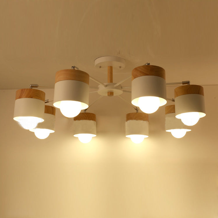 8 Light Cylinder Semi Flush Chandelier Modern Stylish White Metal and Wood Ceiling Light Fixture Clearhalo 'Ceiling Lights' 'Close To Ceiling Lights' 'Close to ceiling' 'Semi-flushmount' Lighting' 89415