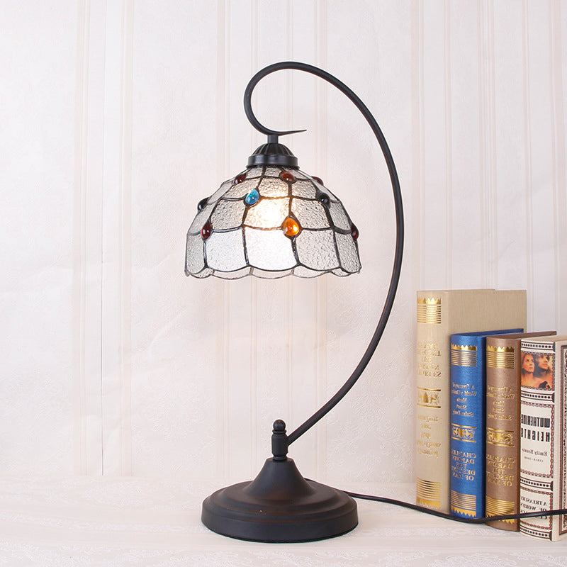 Beige/White and Silver Glass Black Night Lamp Lattice Bowl 1 Head Victorian Nightstand Light with Curvy Arm White-Silver Clearhalo 'Lamps' 'Table Lamps' Lighting' 894151