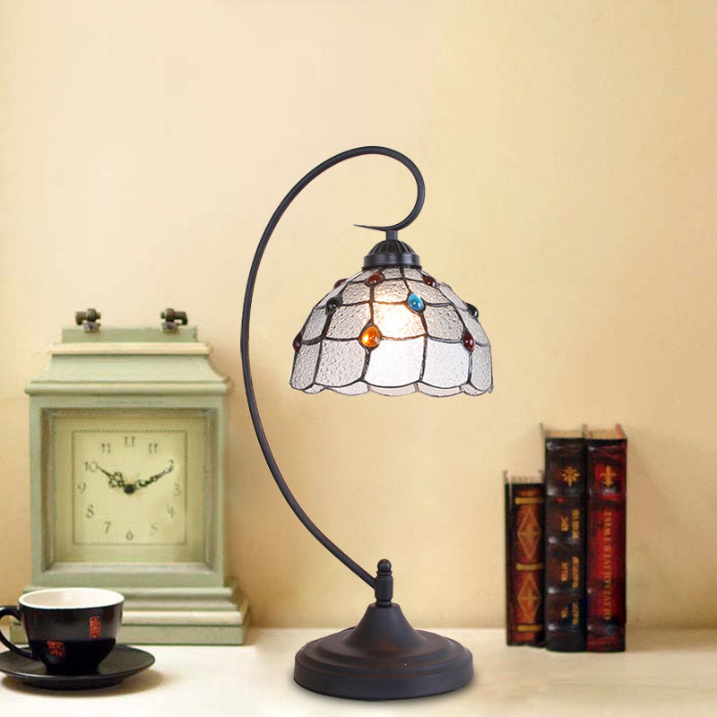 Beige/White and Silver Glass Black Night Lamp Lattice Bowl 1 Head Victorian Nightstand Light with Curvy Arm Clearhalo 'Lamps' 'Table Lamps' Lighting' 894153