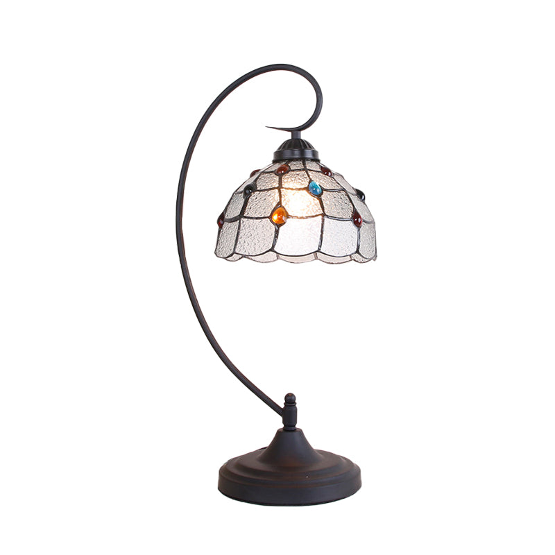 Beige/White and Silver Glass Black Night Lamp Lattice Bowl 1 Head Victorian Nightstand Light with Curvy Arm Clearhalo 'Lamps' 'Table Lamps' Lighting' 894154