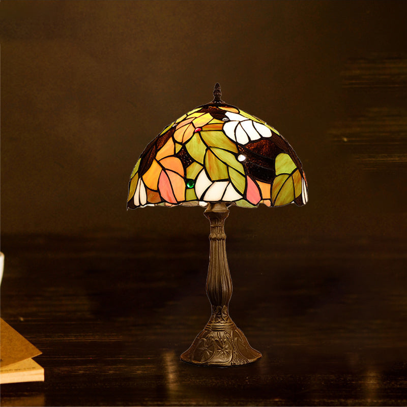1 Head Dome Table Lamp Baroque Style Yellow/Green/Orange Stained Glass Nightstand Lamp with Leaf/Flower Pattern Clearhalo 'Lamps' 'Table Lamps' Lighting' 894236