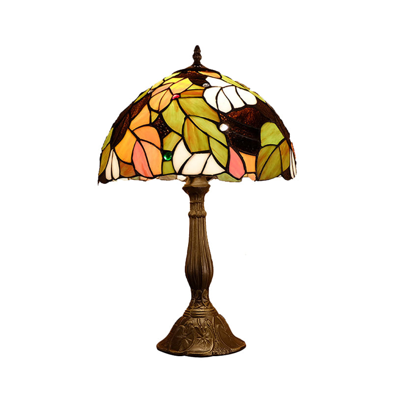1 Head Dome Table Lamp Baroque Style Yellow/Green/Orange Stained Glass Nightstand Lamp with Leaf/Flower Pattern Clearhalo 'Lamps' 'Table Lamps' Lighting' 894237