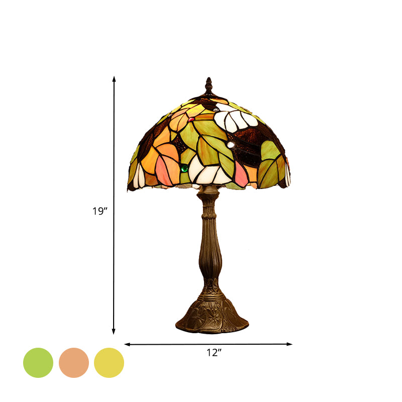 1 Head Dome Table Lamp Baroque Style Yellow/Green/Orange Stained Glass Nightstand Lamp with Leaf/Flower Pattern Clearhalo 'Lamps' 'Table Lamps' Lighting' 894238