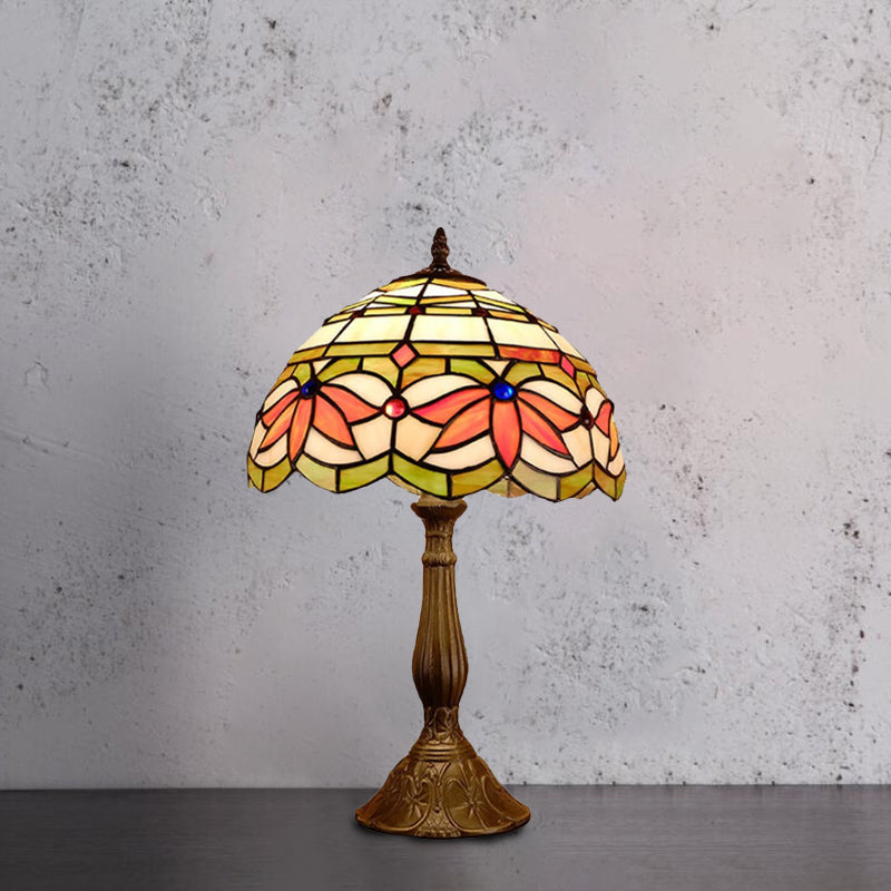 1 Head Dome Table Lamp Baroque Style Yellow/Green/Orange Stained Glass Nightstand Lamp with Leaf/Flower Pattern Clearhalo 'Lamps' 'Table Lamps' Lighting' 894240