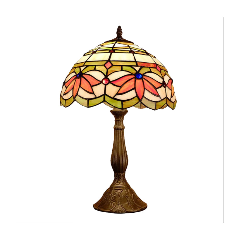 1 Head Dome Table Lamp Baroque Style Yellow/Green/Orange Stained Glass Nightstand Lamp with Leaf/Flower Pattern Clearhalo 'Lamps' 'Table Lamps' Lighting' 894242