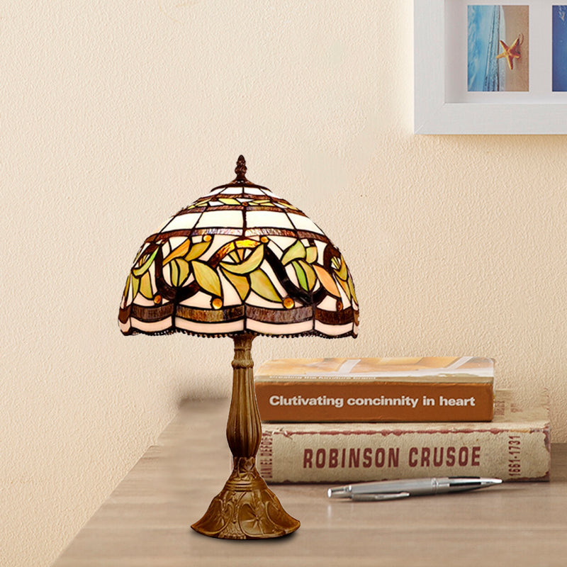 1 Head Dome Table Lamp Baroque Style Yellow/Green/Orange Stained Glass Nightstand Lamp with Leaf/Flower Pattern Yellow Clearhalo 'Lamps' 'Table Lamps' Lighting' 894243