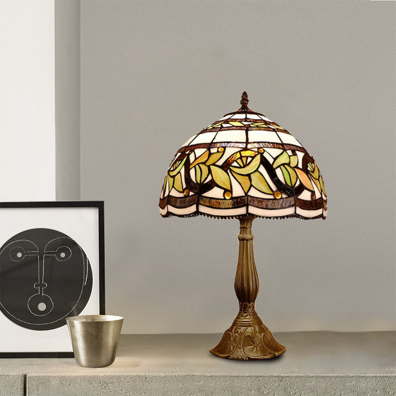 1 Head Dome Table Lamp Baroque Style Yellow/Green/Orange Stained Glass Nightstand Lamp with Leaf/Flower Pattern Clearhalo 'Lamps' 'Table Lamps' Lighting' 894244