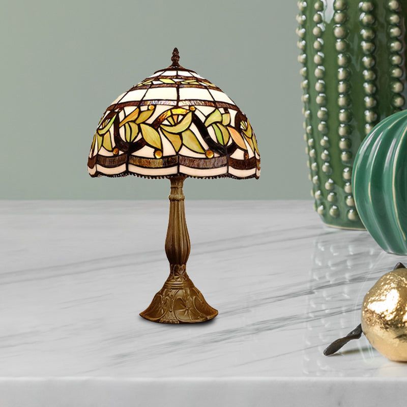 1 Head Dome Table Lamp Baroque Style Yellow/Green/Orange Stained Glass Nightstand Lamp with Leaf/Flower Pattern Clearhalo 'Lamps' 'Table Lamps' Lighting' 894245