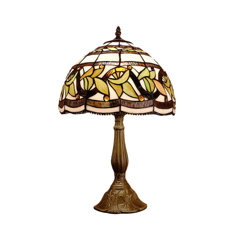 1 Head Dome Table Lamp Baroque Style Yellow/Green/Orange Stained Glass Nightstand Lamp with Leaf/Flower Pattern Clearhalo 'Lamps' 'Table Lamps' Lighting' 894246