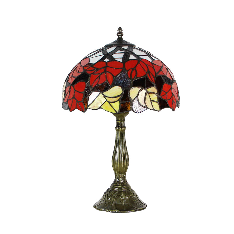 Cut Glass Domed Shade Night Lighting Victorian 1-Light Red/Brown Flower Patterned Table Lamp for Bedside Clearhalo 'Lamps' 'Table Lamps' Lighting' 894253